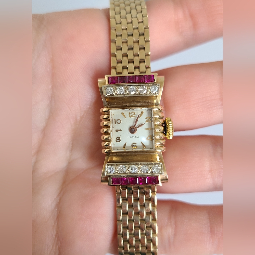 Antique 14K Yellow Gold Custom 17 Jewel Luxury Diamond Ruby Wind Up Manual Watch - Picture 11 of 16